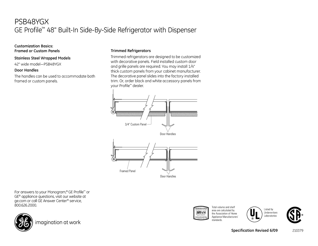GE PSB42LGR, PSB48YGX dimensions Door Handles, Trimmed Refrigerators 