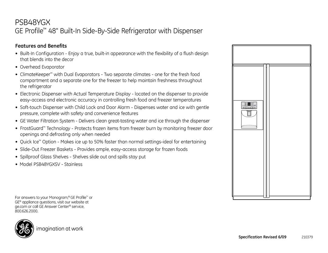 GE PSB48YGX, PSB42LGR dimensions Features and Benefits 