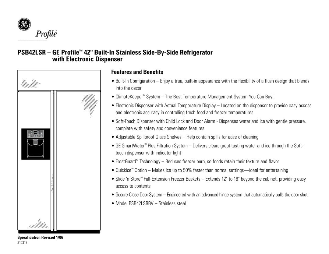 GE PSB42LSR dimensions Features and Benefits 