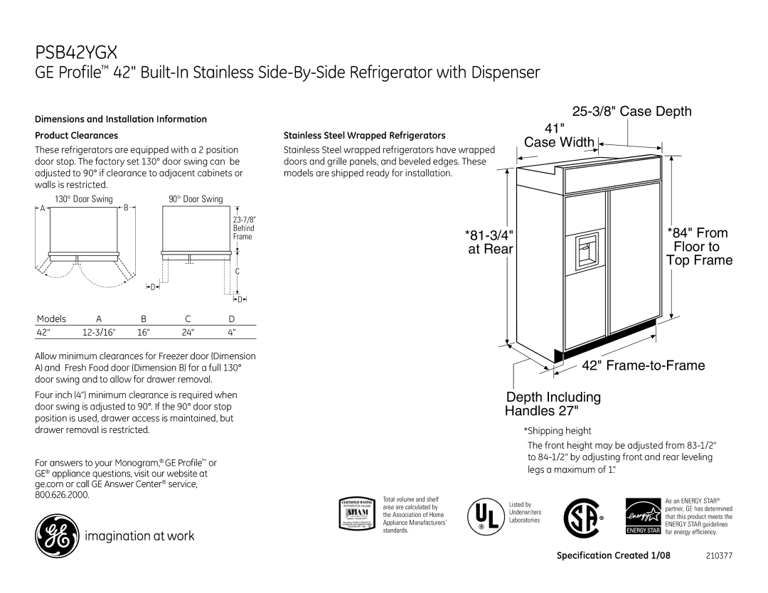 GE PSB42YGX dimensions Dimensions and Installation Information Product Clearances, Stainless Steel Wrapped Refrigerators 