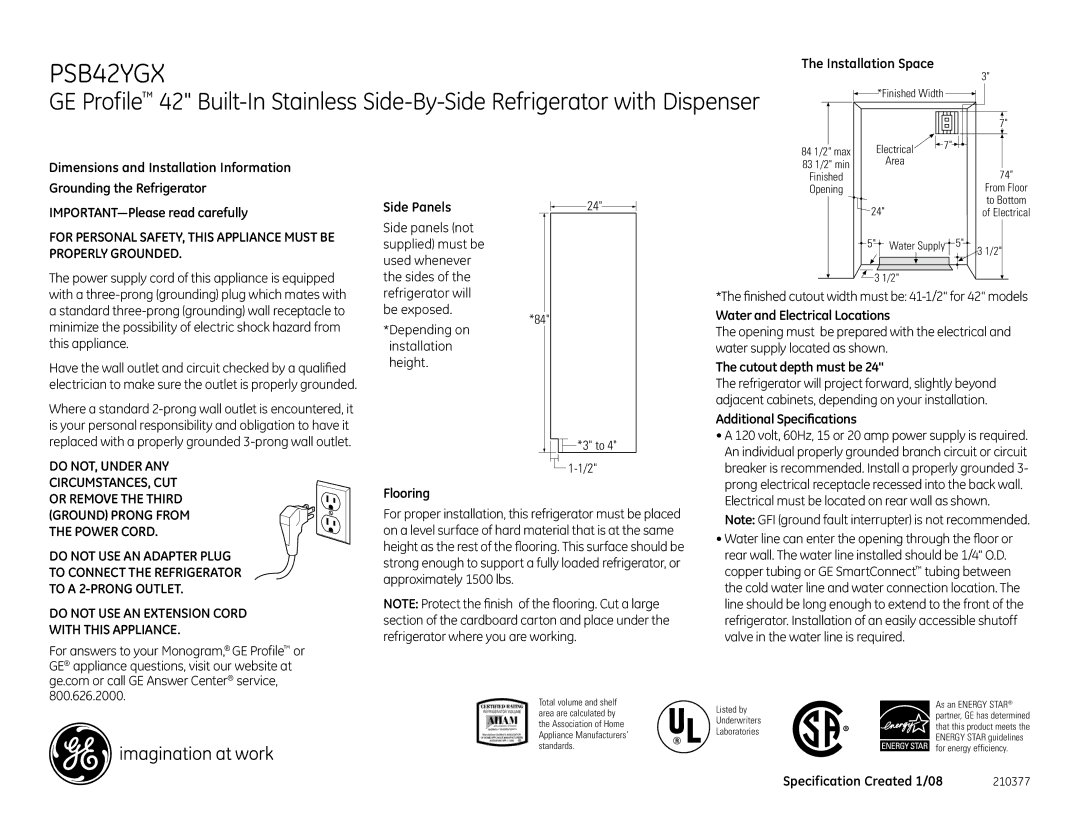 GE PSB42YGX Dimensions and Installation Information, Grounding the Refrigerator, Properly grounded, Cutout depth must be 