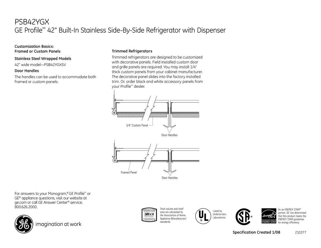 GE PSB42YGX dimensions Door Handles, Trimmed Refrigerators 
