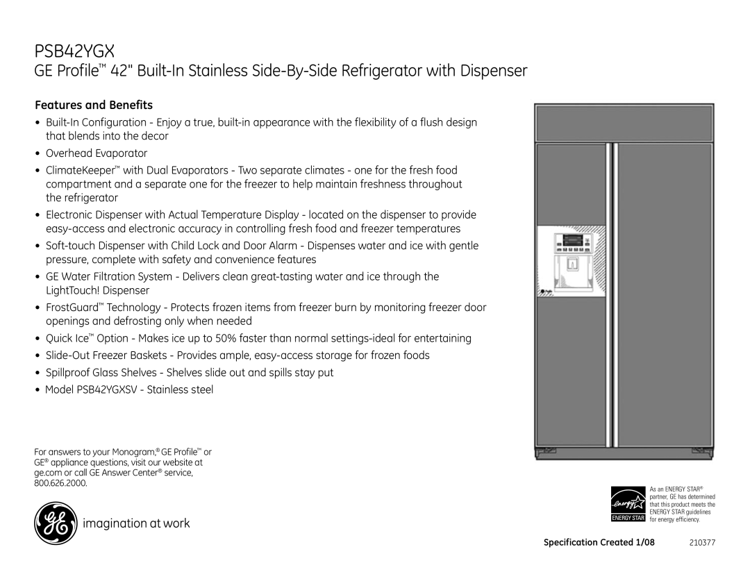 GE PSB42YGX dimensions Features and Benefits 