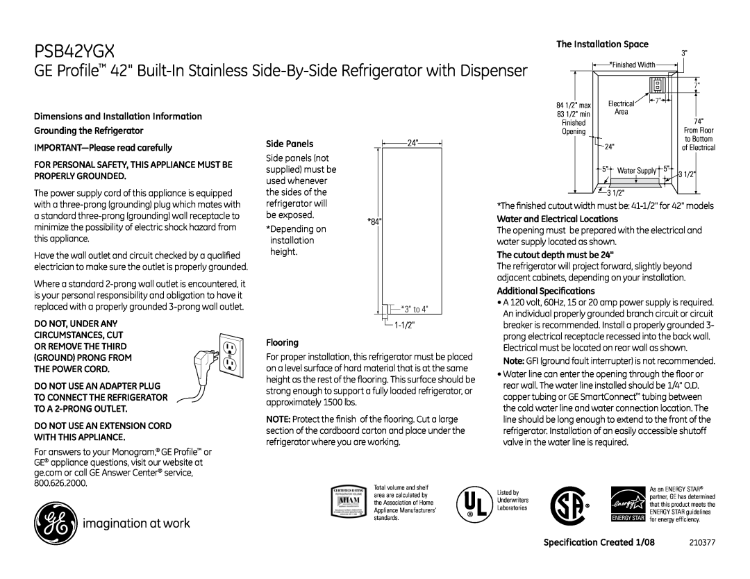 GE PSB42YGX dimensions Dimensions and Installation Information 