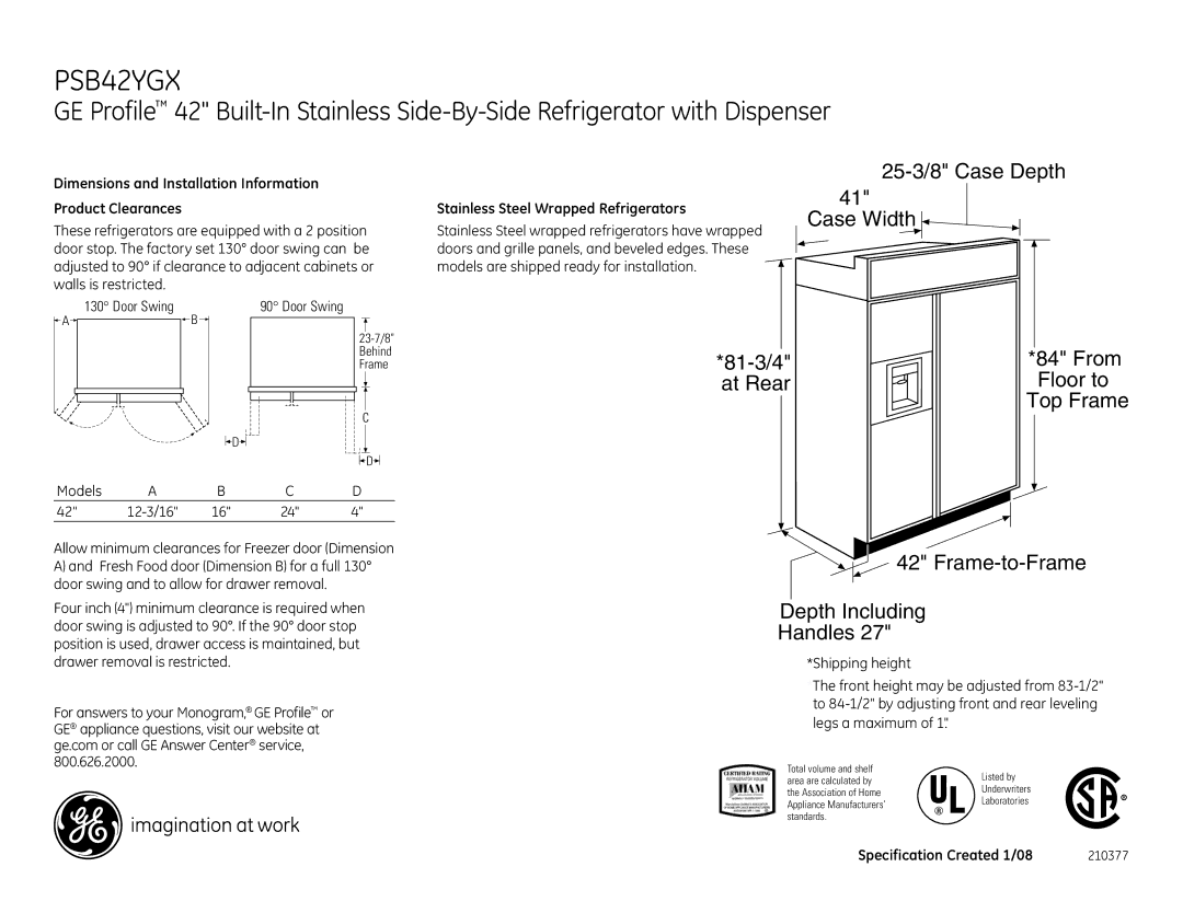 GE PSB42YGXSV dimensions Dimensions and Installation Information Product Clearances, Stainless Steel Wrapped Refrigerators 