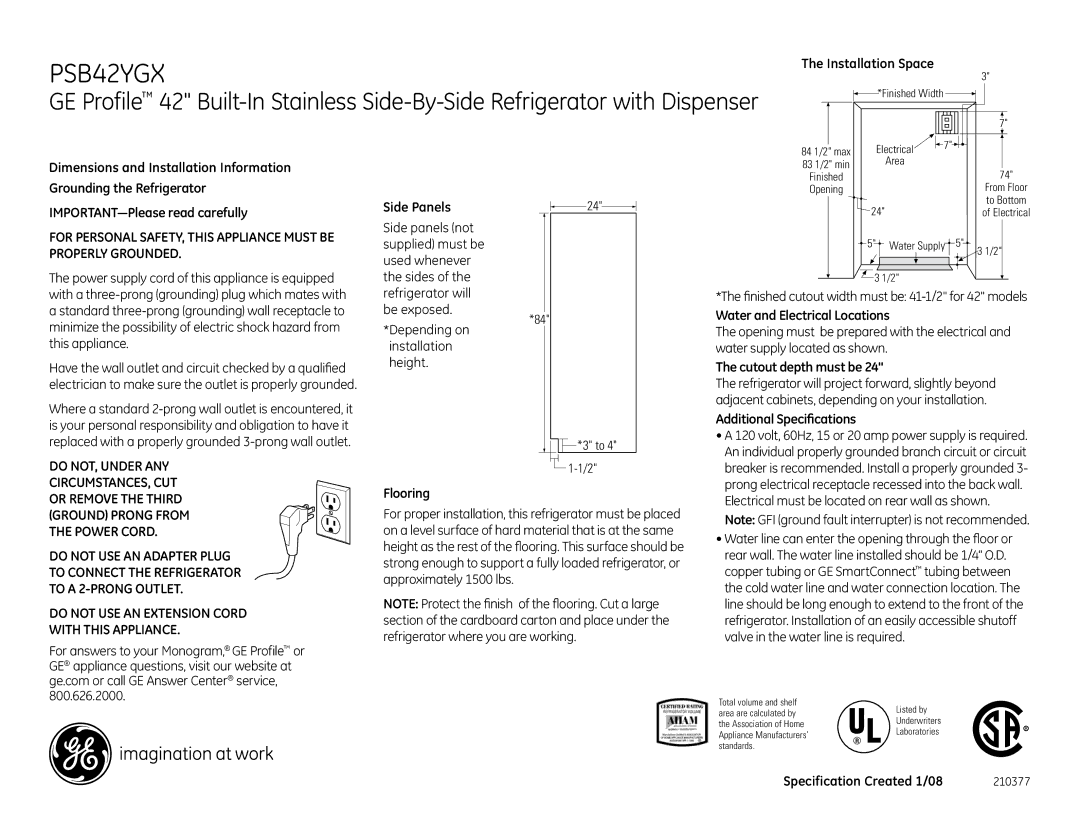 GE PSB42YGXSV Dimensions and Installation Information, Grounding the Refrigerator, Properly grounded, Cutout depth must be 