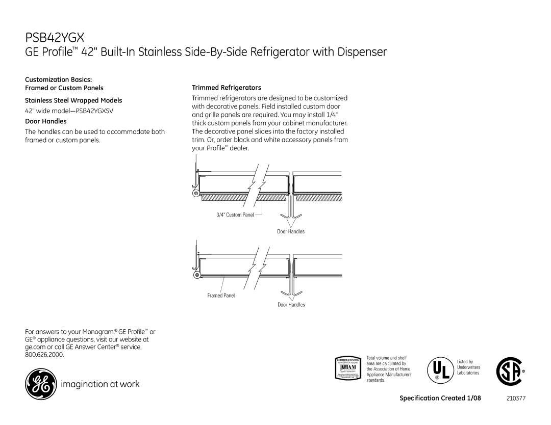 GE PSB42YGXSV dimensions Door Handles, Trimmed Refrigerators 