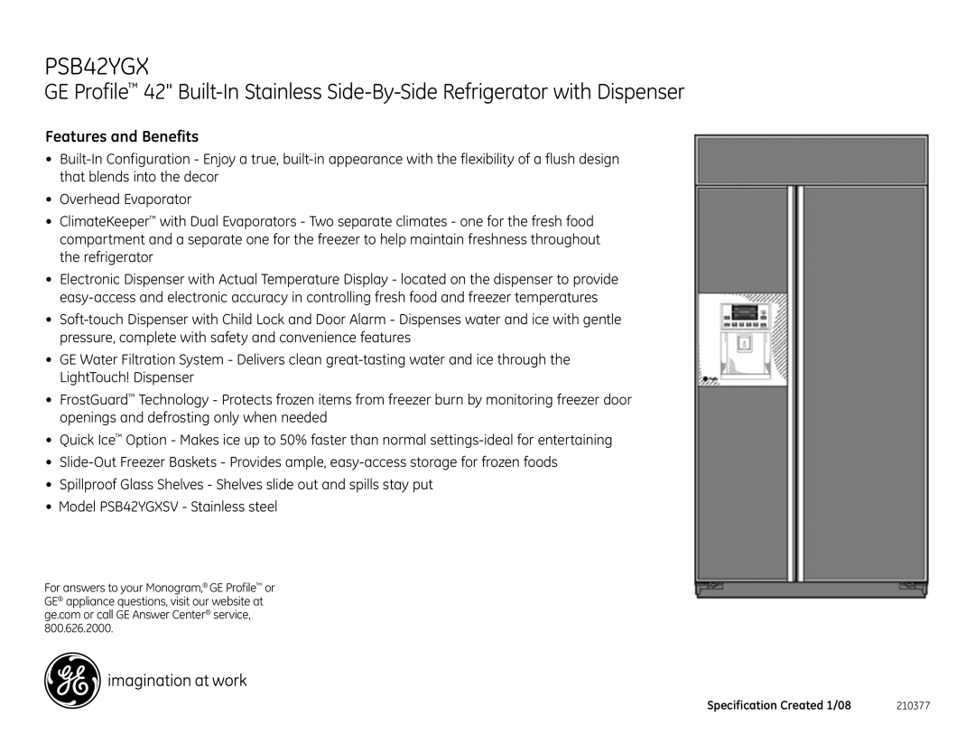 GE PSB42YGXSV dimensions Features and Benefits 