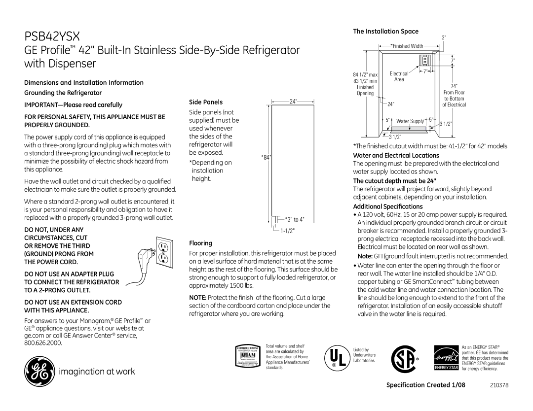 GE PSB42YSX Installation Space, Flooring, Water and Electrical Locations, Cutout depth must be, Additional Specifications 