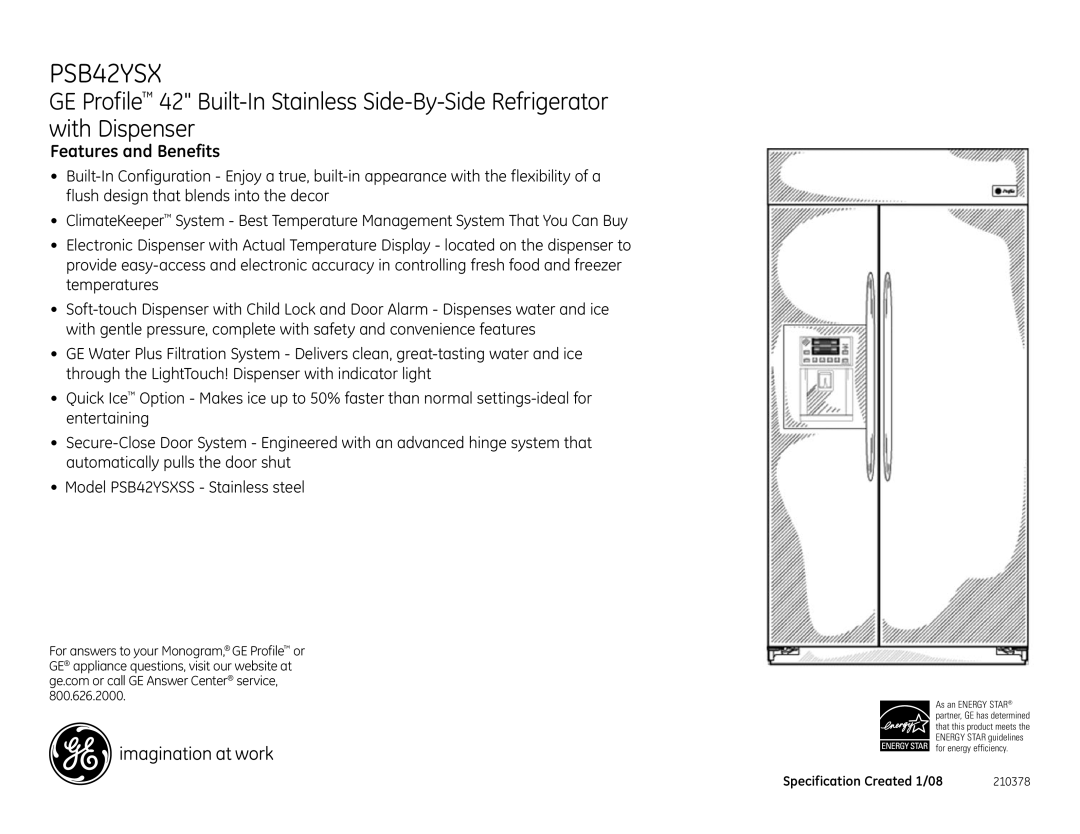 GE PSB42YSX dimensions Features and Benefits 