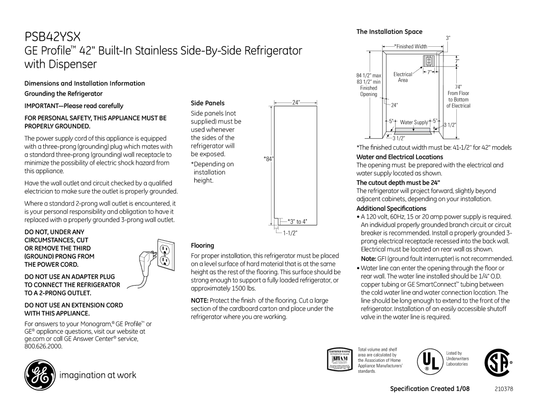 GE PSB42YSXSS dimensions Installation Space, Flooring, Water and Electrical Locations, Cutout depth must be 