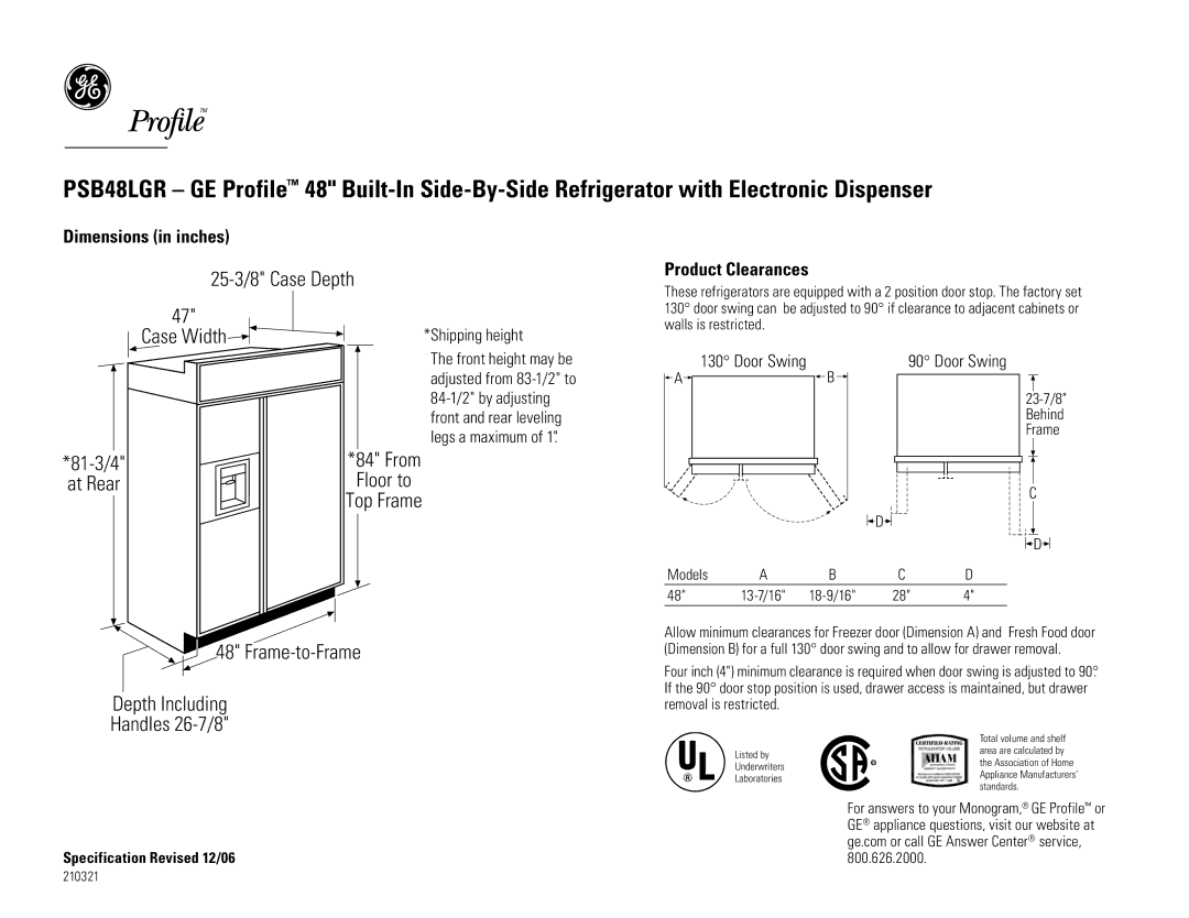 GE PSB48LGR dimensions Dimensions in inches, Product Clearances, Specification Revised 12/06 