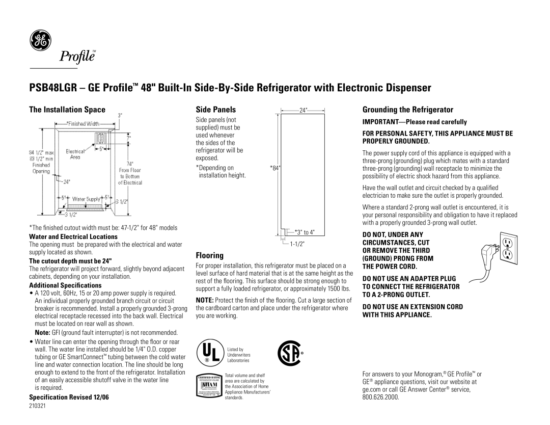 GE PSB48LGR dimensions Installation Space, Side Panels, Grounding the Refrigerator, Flooring 