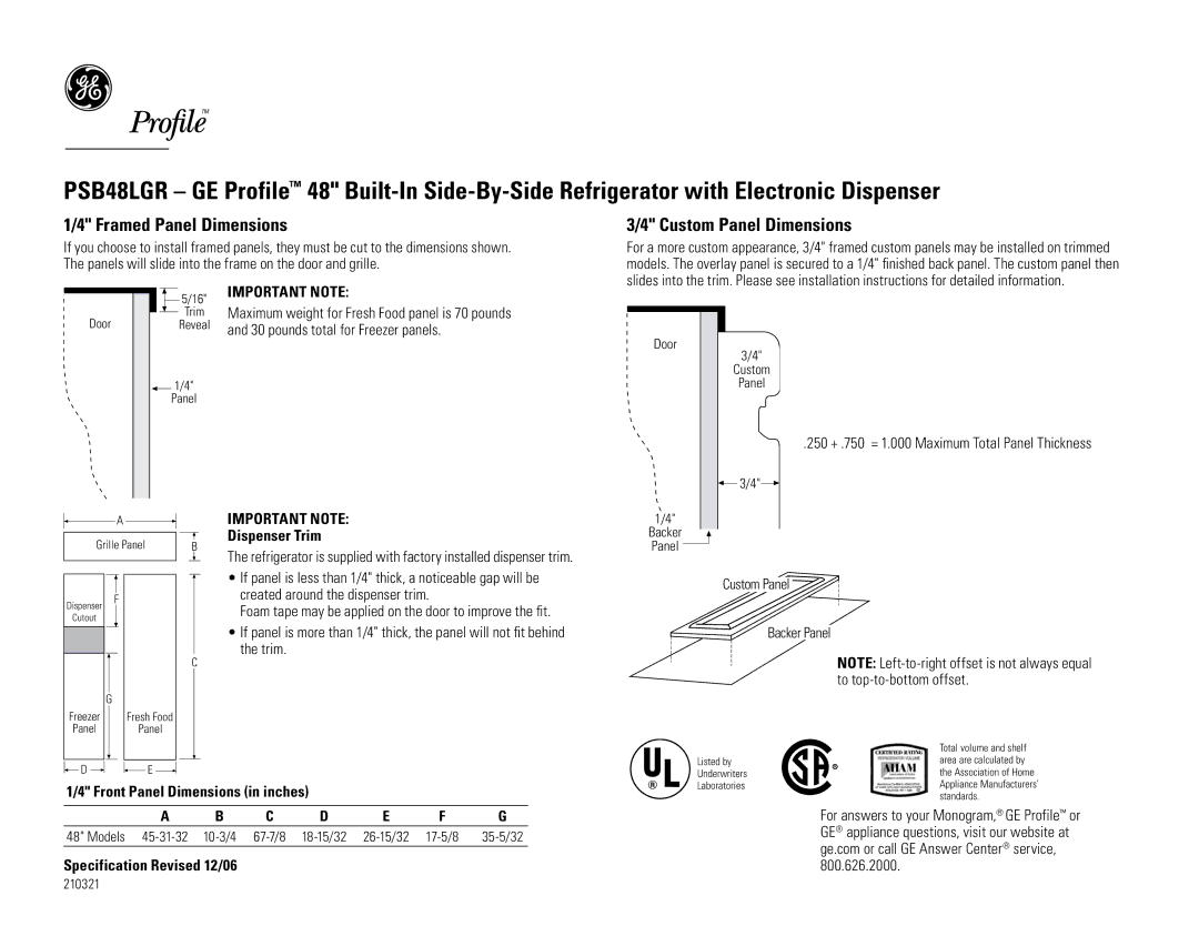 GE PSB48LGR dimensions Framed Panel Dimensions, Custom Panel Dimensions, Important Note Dispenser Trim 