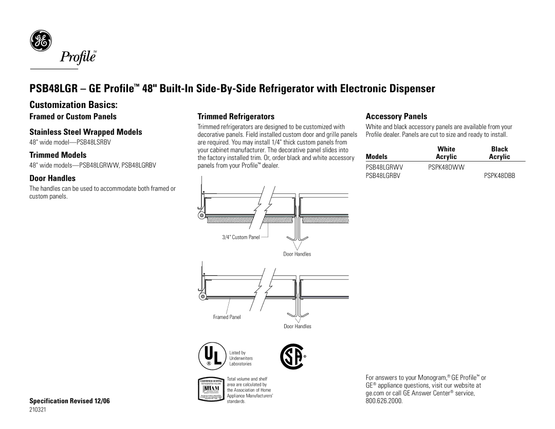 GE PSB48LGR dimensions Customization Basics, Trimmed Models, Door Handles, Trimmed Refrigerators, Accessory Panels 