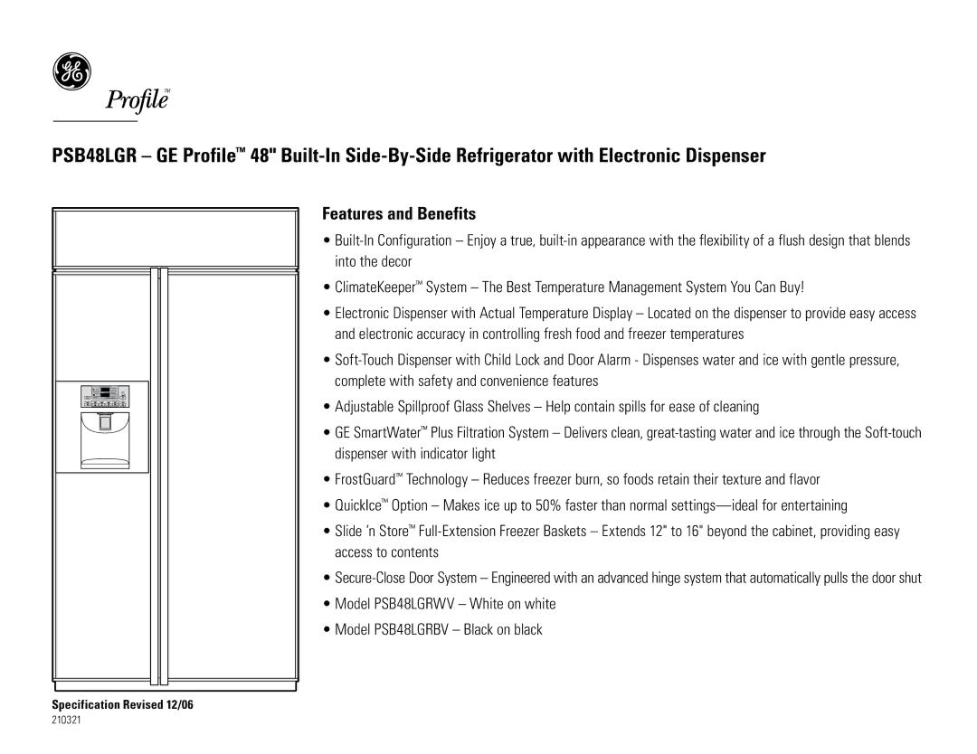 GE PSB48LGR dimensions Features and Benefits 