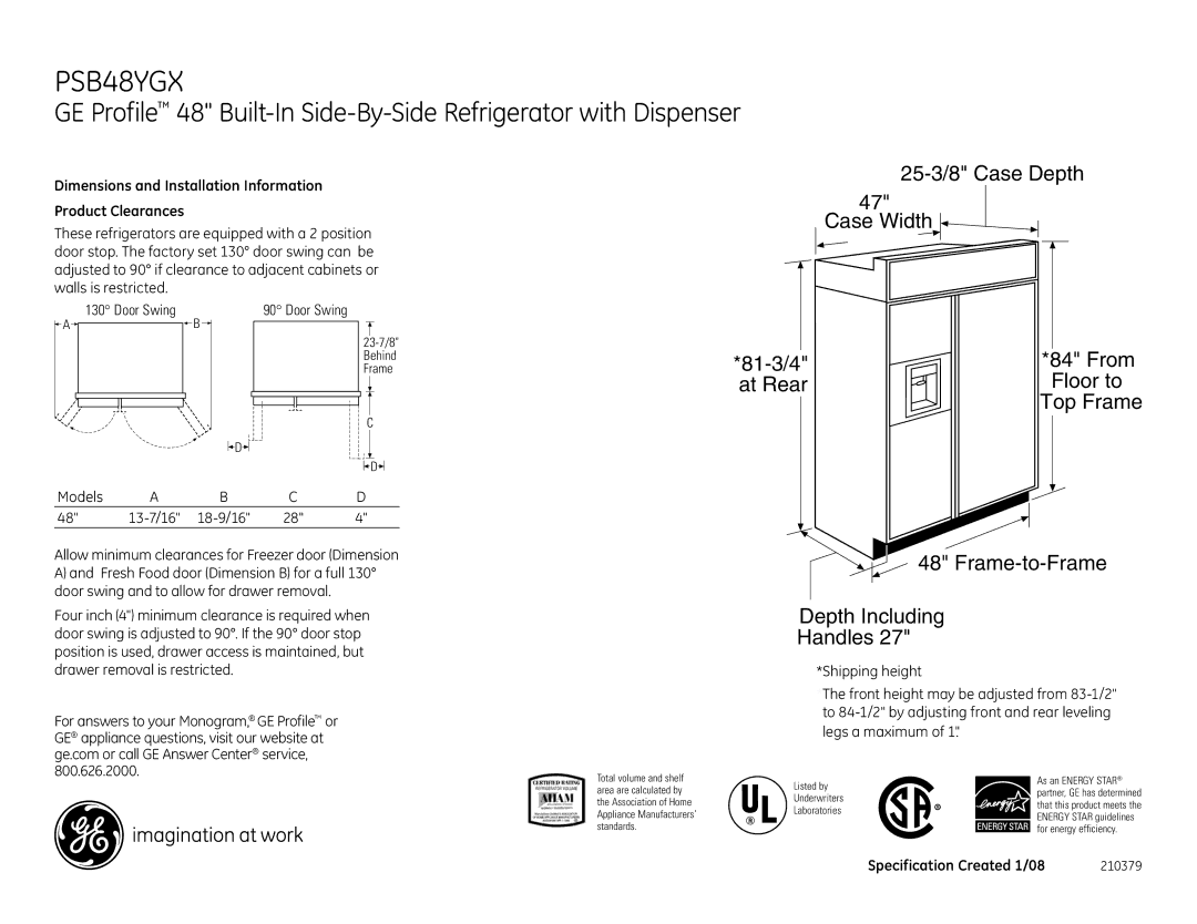 GE PSB48YGXSV dimensions Dimensions and Installation Information Product Clearances, Specification Created 1/08 