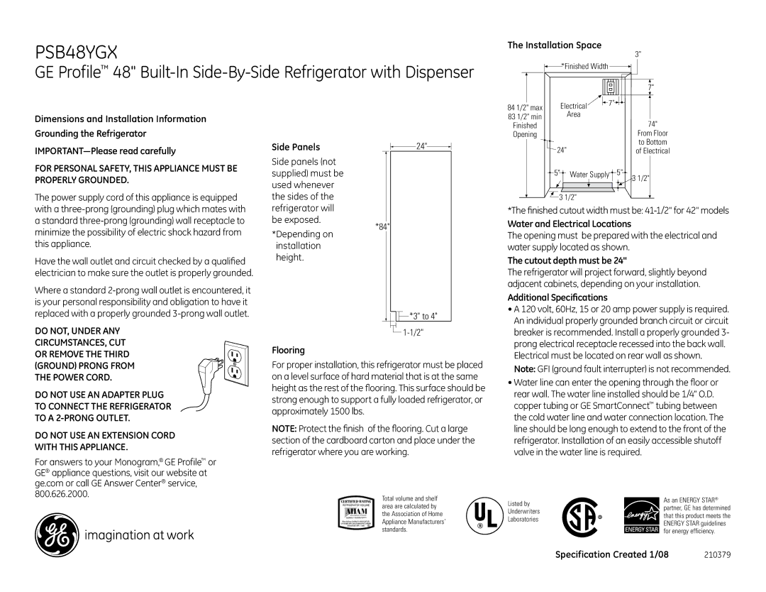 GE PSB48YGXSV dimensions Installation Space, Flooring, Water and Electrical Locations, Cutout depth must be 