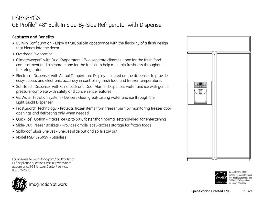 GE PSB48YGXSV dimensions Features and Benefits 