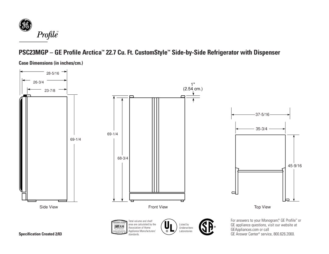 GE PSC23MGPCC, PSC23MGPBB, PSC23MGPWW dimensions Case Dimensions in inches/cm, 54 cm, Specification Created 2/03 