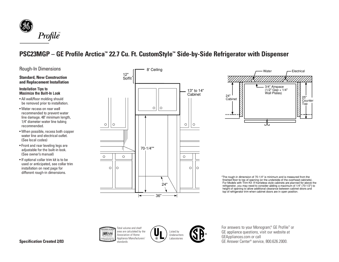 GE PSC23MGPBB Rough-In Dimensions, Installation Tips to Maximize the Built-In Look, Soffit Ceiling 13 to 14 Cabinet 70-1/4 