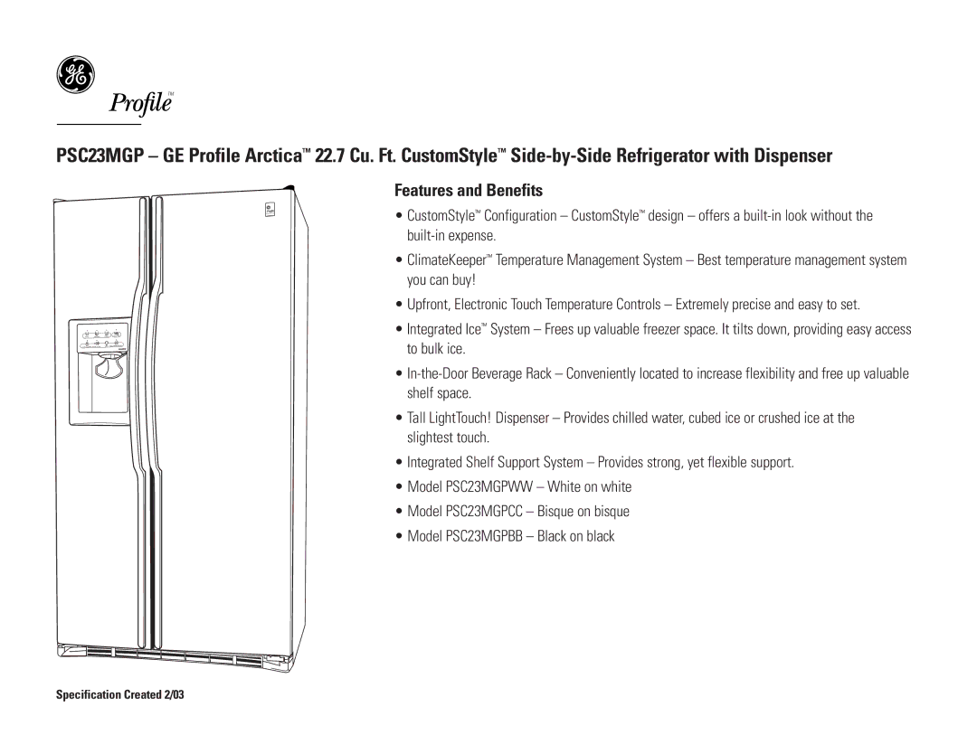 GE PSC23MGPWW, PSC23MGPCC, PSC23MGPBB dimensions Features and Benefits 