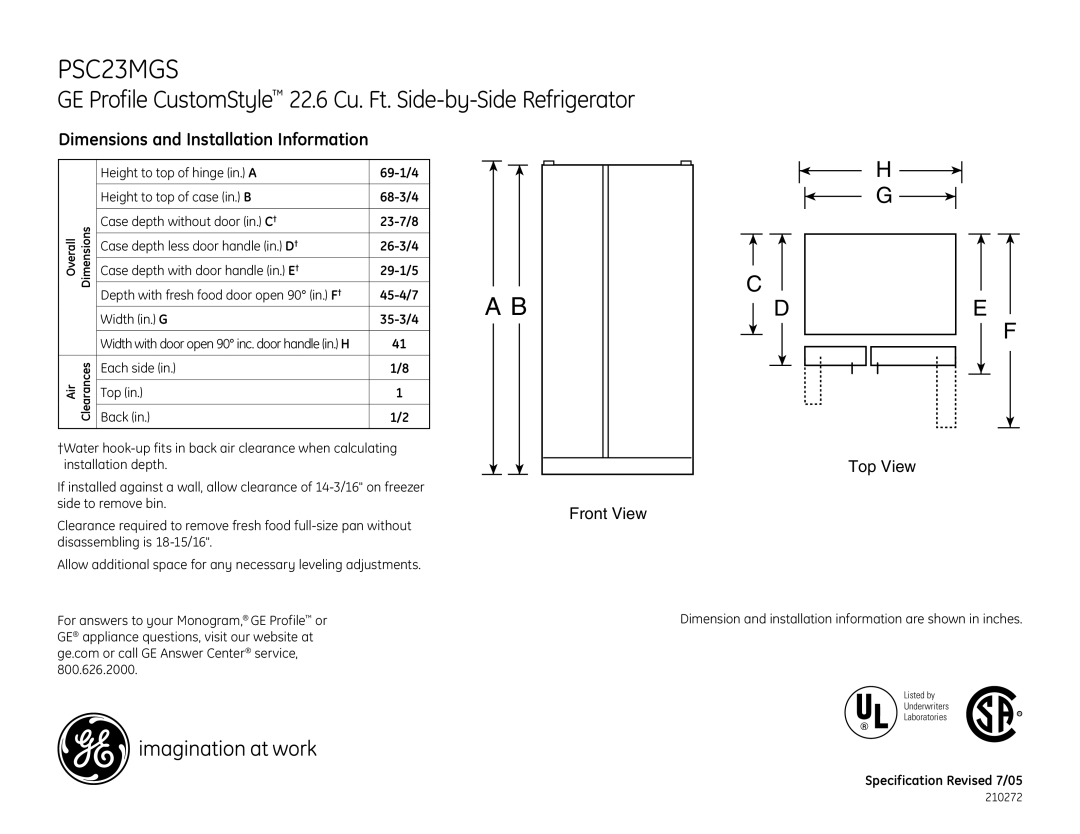 GE PSC23MGSWW, PSC23MGSBB, PSC23MGSCC, PSC23NHS dimensions Dimensions and Installation Information, Front View, Top View 