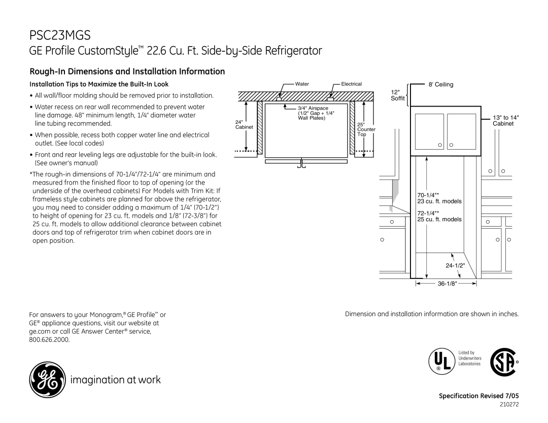 GE PSC23MGSCC, PSC23NHS Rough-In Dimensions and Installation Information, Installation Tips to Maximize the Built-In Look 