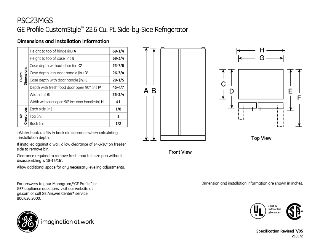 GE PSC23MGSWW dimensions Dimensions and Installation Information, Front View, Top View, 69-1/4, 68-3/4, 23-7/8, 26-3/4 