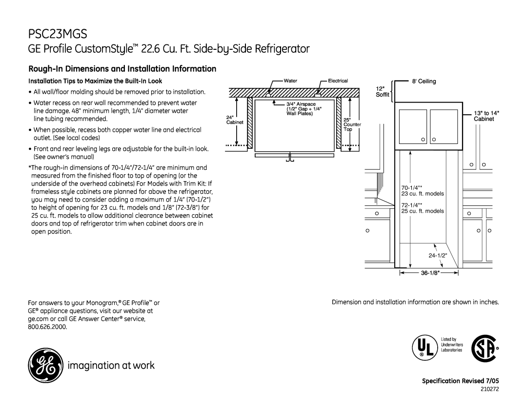 GE PSC23MGSCC, PSC23MGSBB Rough-InDimensions and Installation Information, Installation Tips to Maximize the Built-InLook 