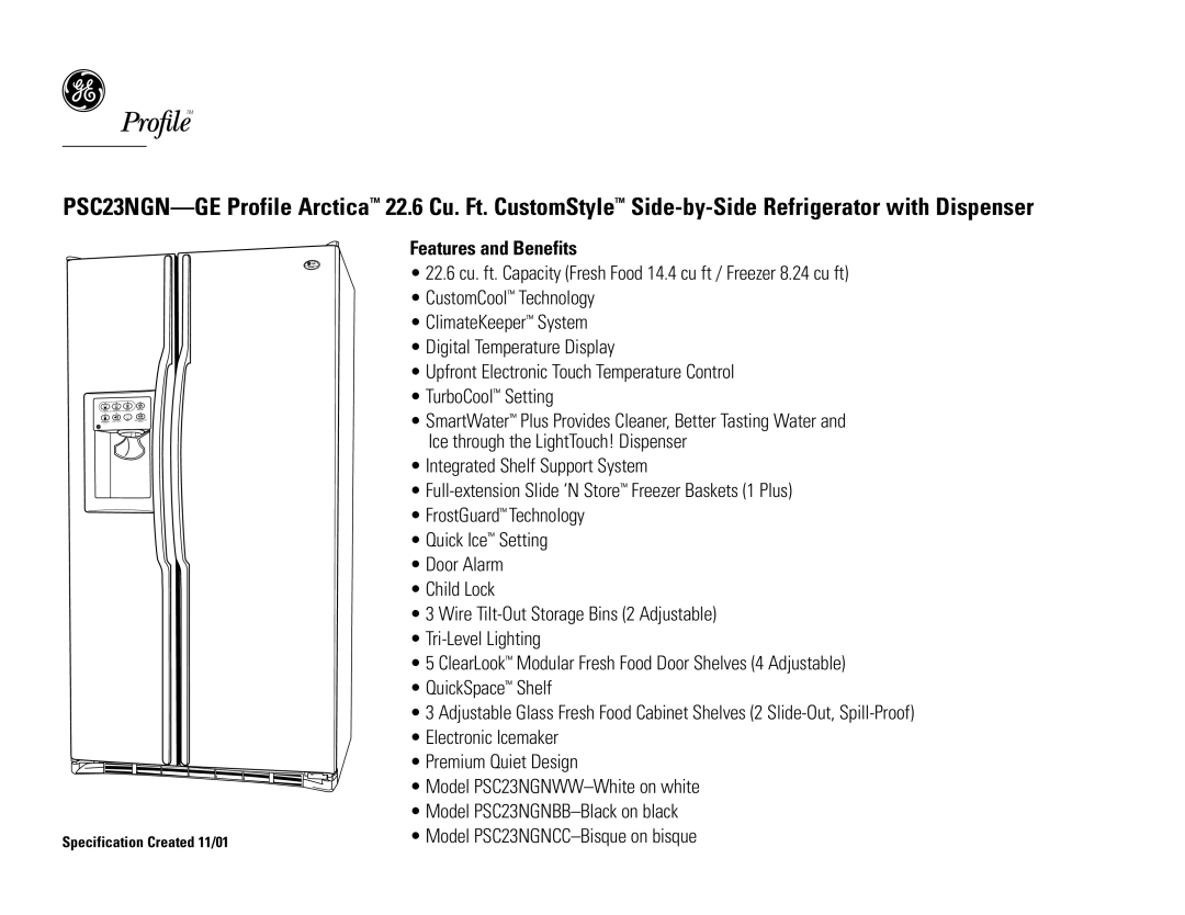 GE PSC23NGNWW, PSC23NGNCC, PSC23NGNBB dimensions Features and Benefits 