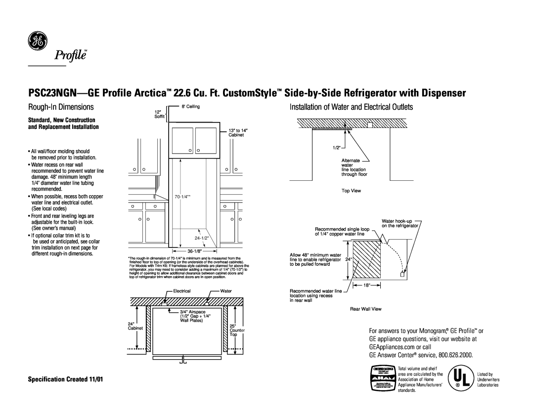 GE PSC23NGNCC dimensions Rough-In Dimensions, Installation of Water and Electrical Outlets, Specification Created 11/01 