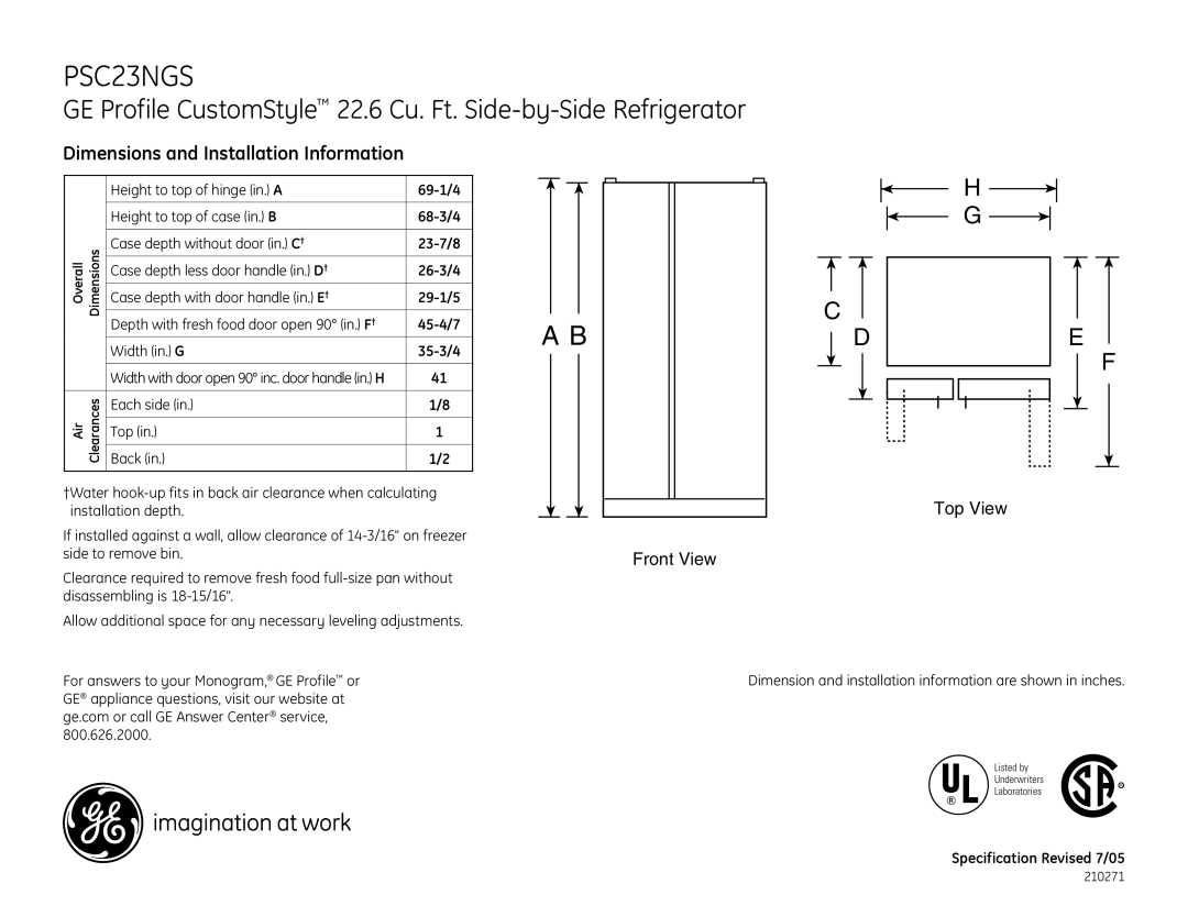 GE PSC23NGSCC, PSC23NGSWW, PSC23NGSBB dimensions Dimensions and Installation Information, Front View, Top View 