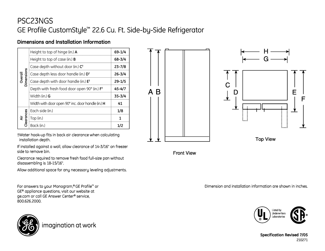 GE PSC23NGSCC dimensions Dimensions and Installation Information, H G C, Front View, Top View, 69-1/4, 68-3/4, 23-7/8 