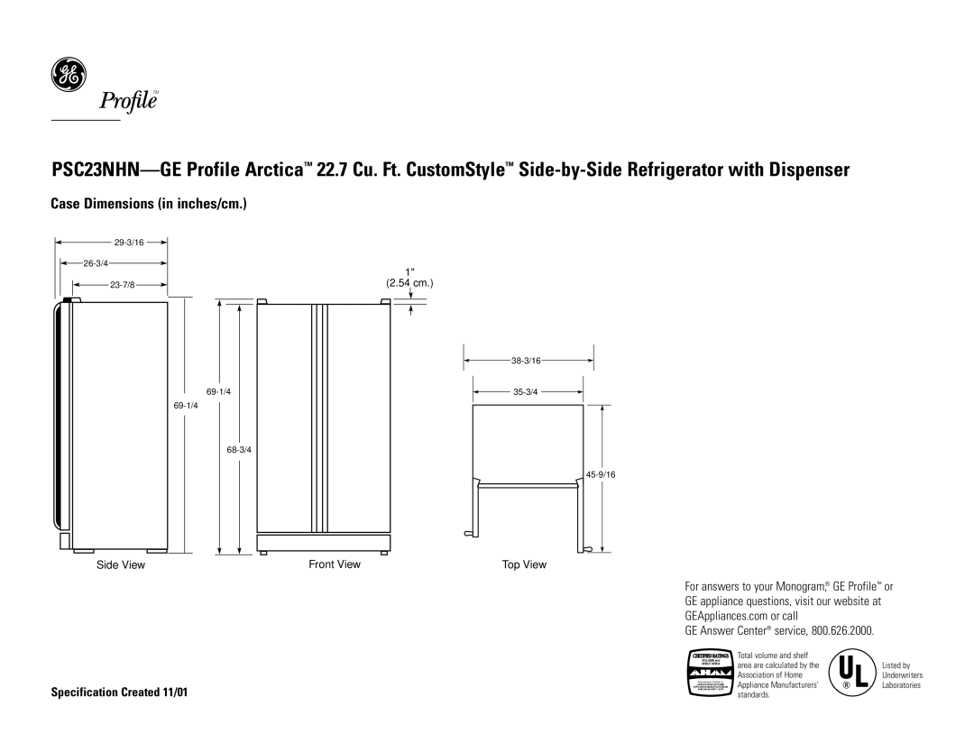 GE PSC23NHNBB, PSC23NHNCC dimensions Case Dimensions in inches/cm, Specification Created 11/01, 54 cm, Front View 