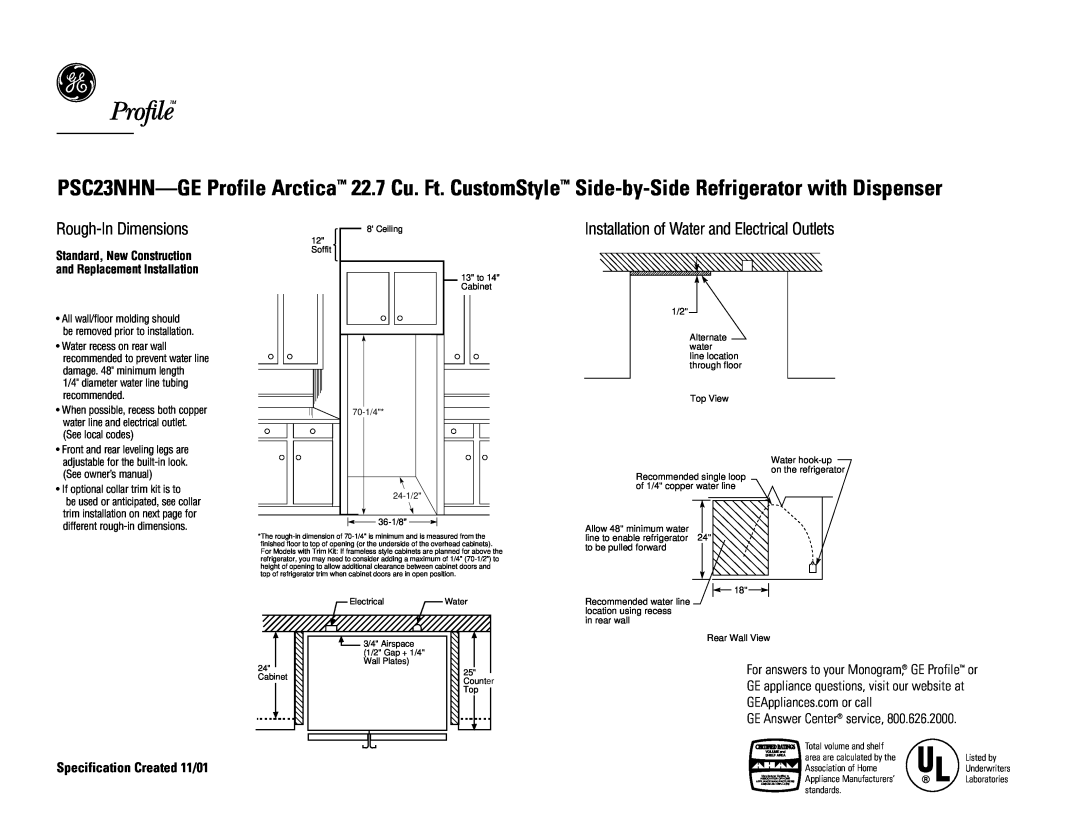 GE PSC23NHNCC, PSC23NHNBB Rough-InDimensions, Installation of Water and Electrical Outlets, Specification Created 11/01 
