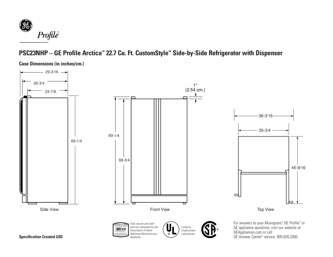 GE PSC23NHPCC, PSC23NHPWW, PSC23NHPBB dimensions Case Dimensions in inches/cm, 54 cm, Specification Created 2/03 