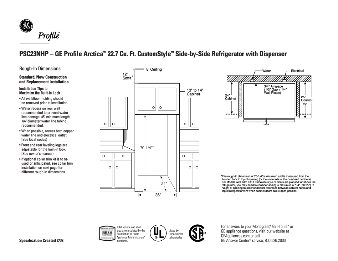 GE PSC23NHPBB Rough-In Dimensions, Specification Created 2/03, Installation Tips to Maximize the Built-In Look, Soffit 
