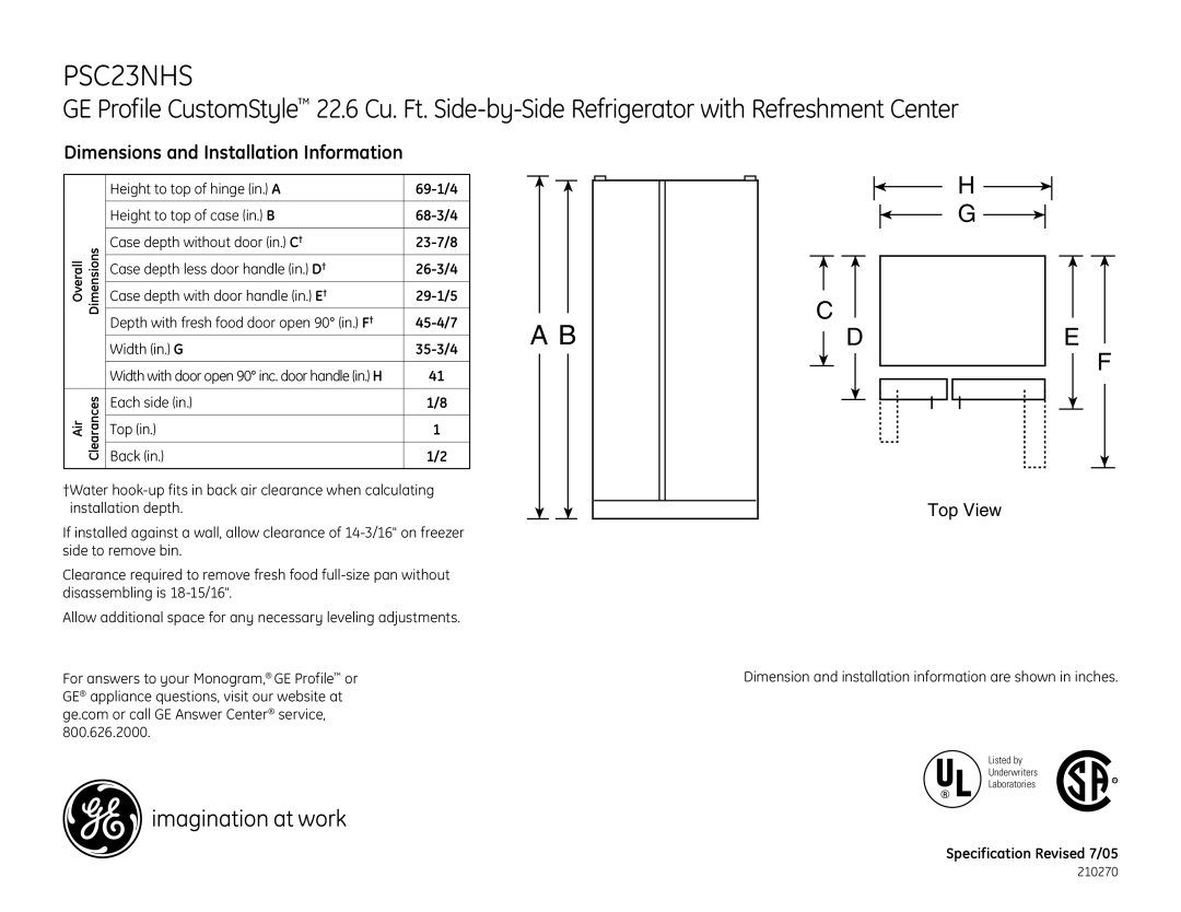 GE PSC23NHSBB dimensions Dimensions and Installation Information, Top View, Each side Top Back, Specification Revised 7/05 