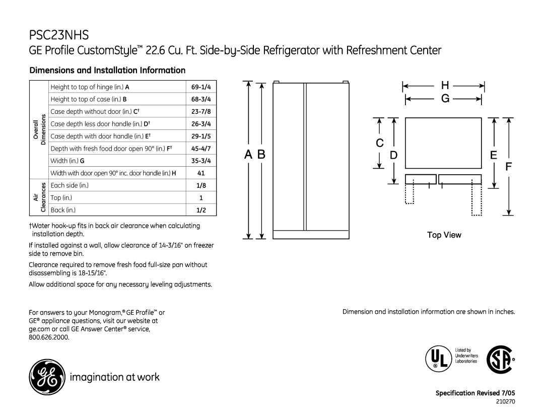 GE PSC23NHSBB, PSC23NHSWW dimensions Dimensions and Installation Information, Top View 