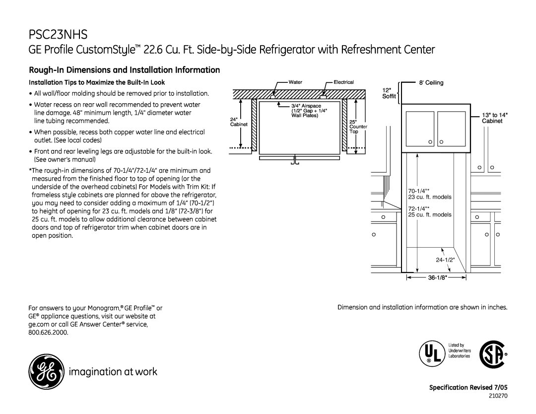 GE PSC23NHSWW, PSC23NHSBB dimensions Rough-In Dimensions and Installation Information, Soffit, 36-1/8, 13 to 14 Cabinet 