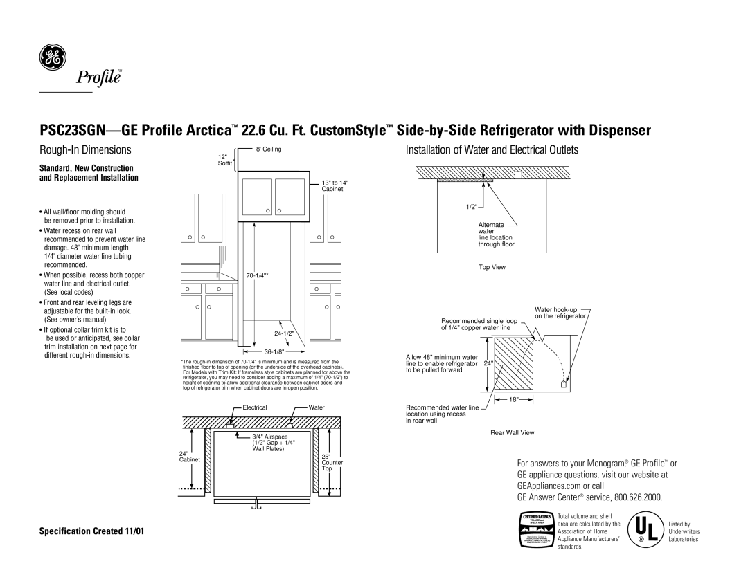 GE PSC23SGN dimensions Rough-In Dimensions, Installation of Water and Electrical Outlets, If optional collar trim kit is to 