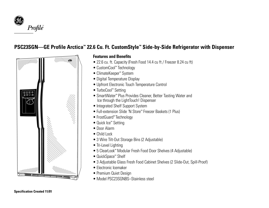 GE PSC23SGNBS dimensions Features and Benefits 