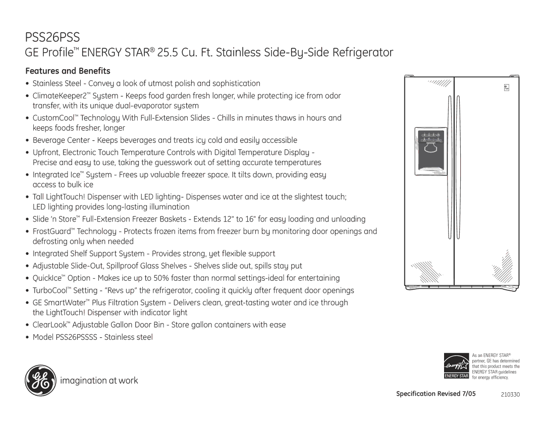 GE PSS26SGR, PSC23SGR, PSS27SGR, PSS26PSSSS dimensions Features and Benefits 