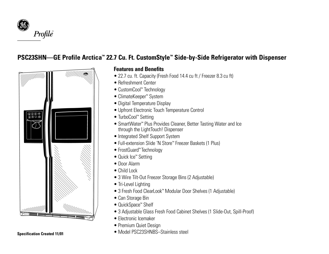 GE PSC23SHNBS dimensions Features and Benefits 