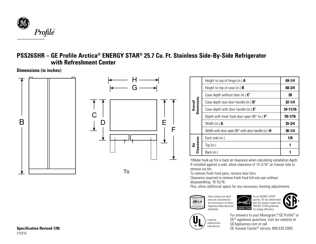 GE PSS26SHR, PSC23SHR dimensions Top 