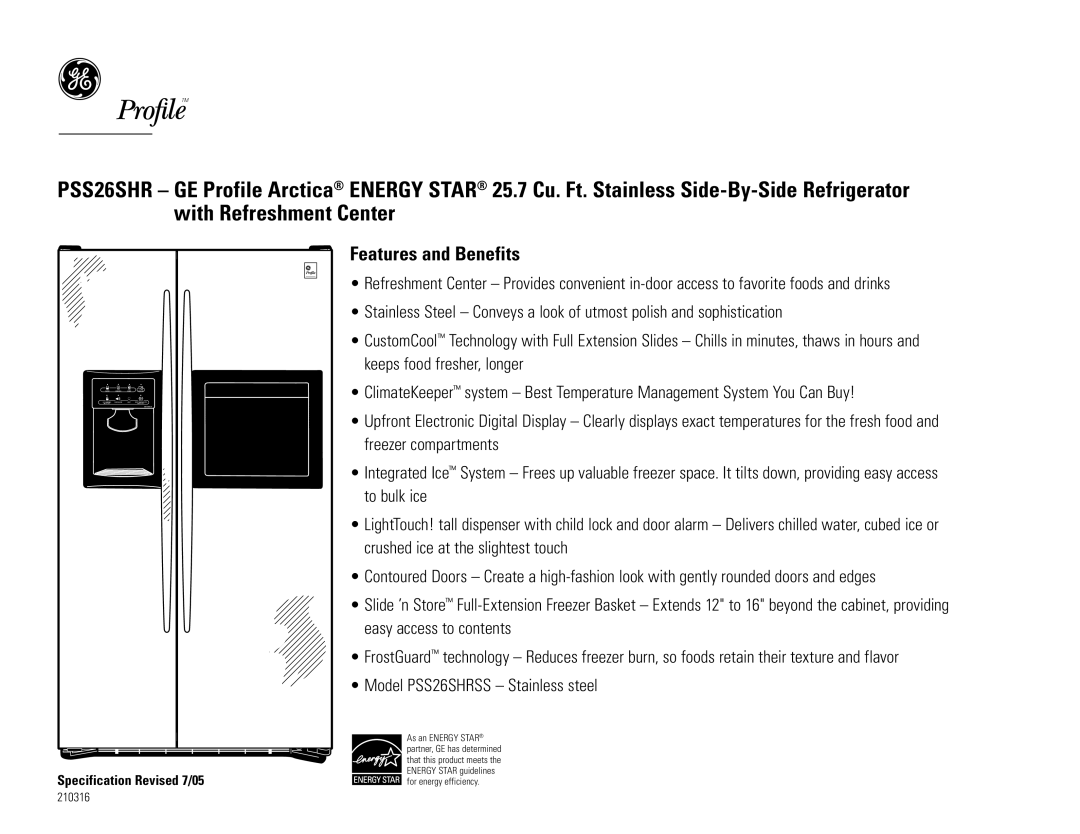 GE PSC23SHR, PSS26SHR dimensions Features and Benefits 