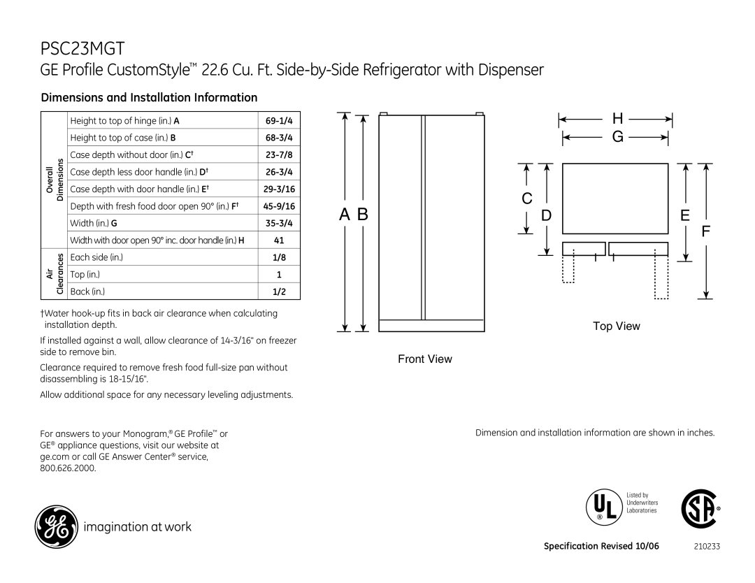 GE PSC25MGTWW dimensions PSC23MGT, Dimensions and Installation Information, Front View Top View, Each side Top Back 