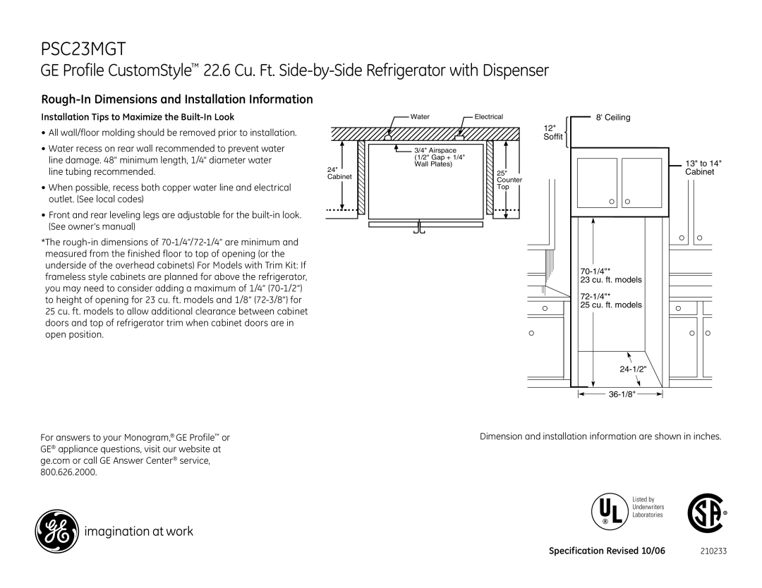 GE PSC23MGTWW dimensions Rough-In Dimensions and Installation Information, Installation Tips to Maximize the Built-In Look 