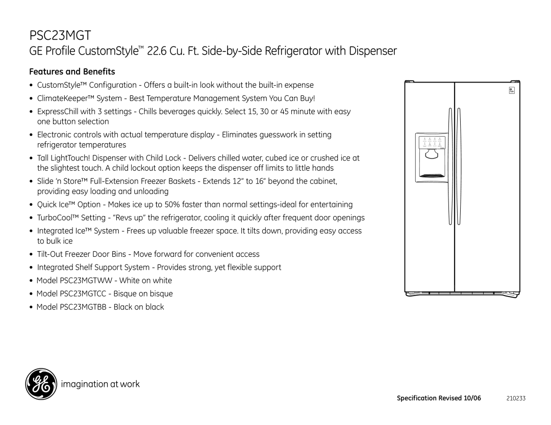 GE PSC23MGTBB, PSC25MGTBB, PSC25MGTWW, PSC23MGTWW, PSC23MGTCC, PSS26MGTCC, PSS26MGTBB, PSS26MGTWW dimensions Features and Benefits 